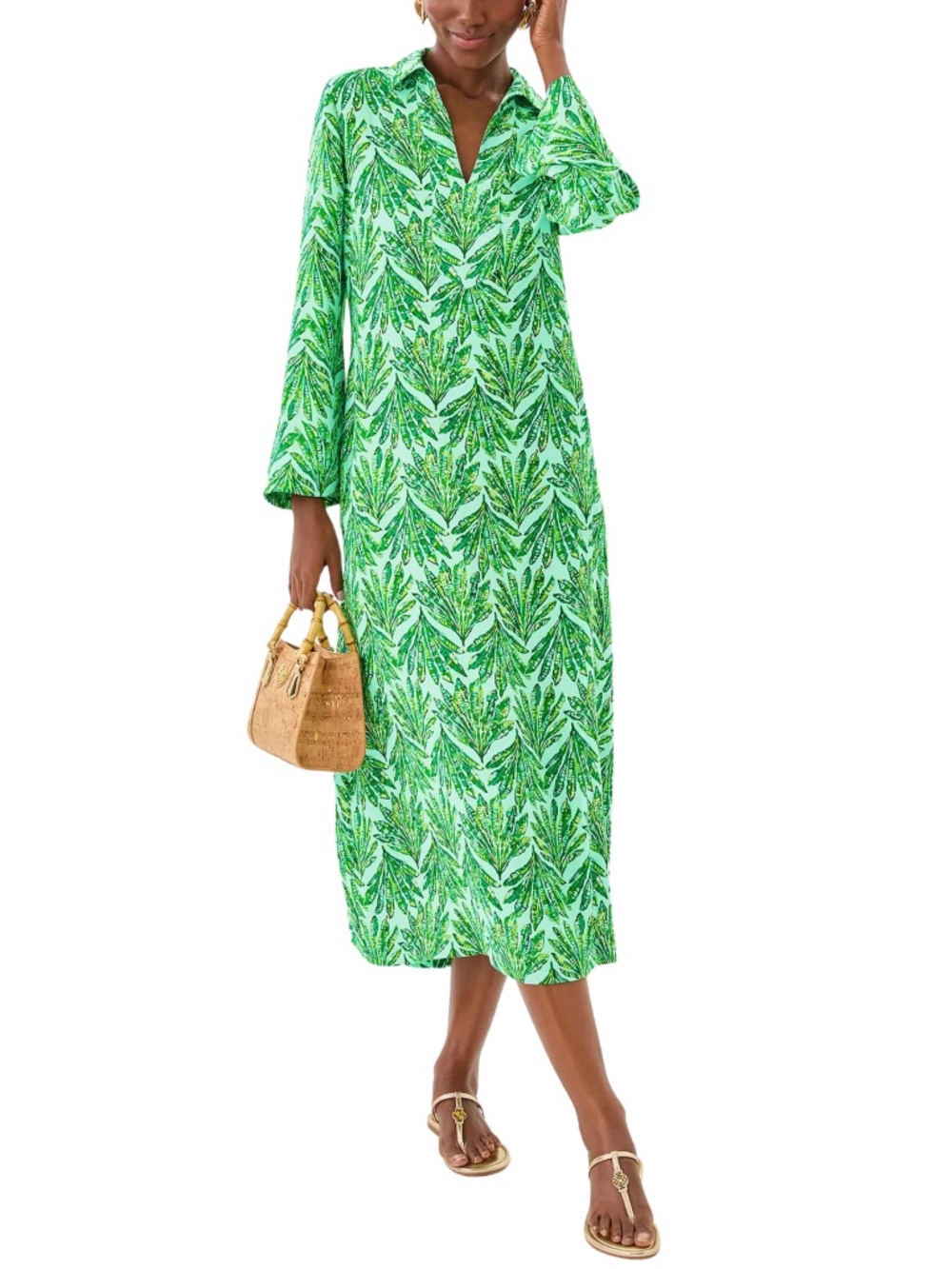 Lilly Pulitzer Simona Long Sleeve Maxi Dress Caftan in Kitts Green Shady Babe XS